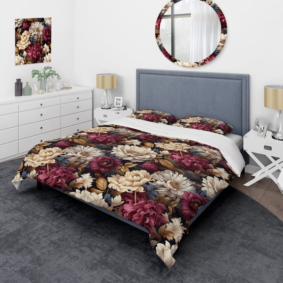 Designart "Burgundy Peony Victorian Elegance II" Pink Floral Bedding Covert Set - Cottage Bed Set With 2 Shams