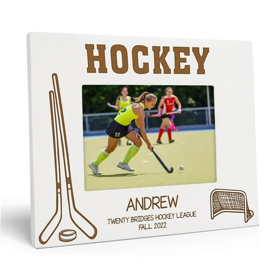 Darling Souvenir MADE WITH LOVEPersonalized WoodEngraved Picture Frame, Table Top WhitePhotoFrame (Hockey) Customizable Quote - 4x6 Inches Horizontal