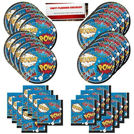 Action Adventure Superhero Hero Birthday Party Supplies Bundle Pack for 16 Guests (Plus Party Planning Checklist by Mikes Super Store)