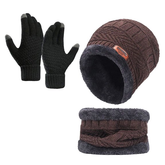 Daznico 3 Pieces Winter Knitted Accessory Set, Lined Beanie, Neck Warmer and Touchscreen Gloves, Thermal Warm Gear for Cold Weather Outdoor Use