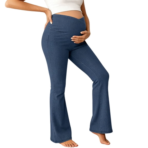 Gyujnb Cross V Waist Maternity Bootcut Jeans Stretch Denim High Waist Belly Support Slim Flared Pregnancy Daily Trousers,L