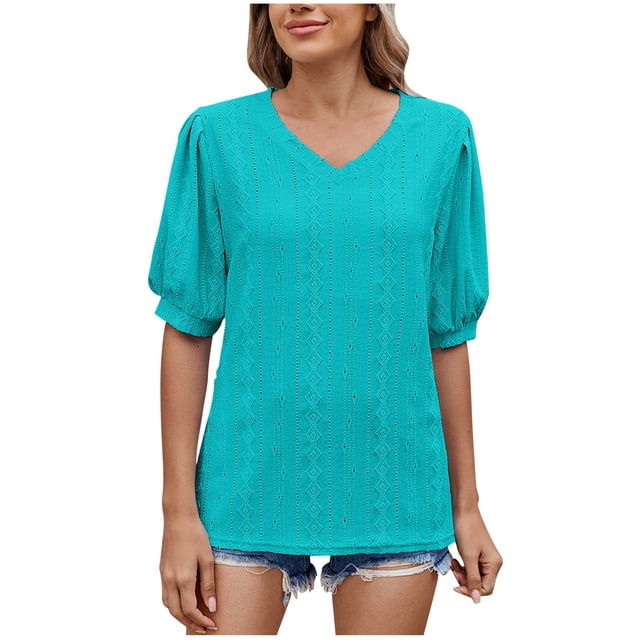 Timegard Hauts pour Femmes à Œillets Manches Courtes Col en V T-Shirts Couleur Unie Mode Décontractée Blouses Tendance