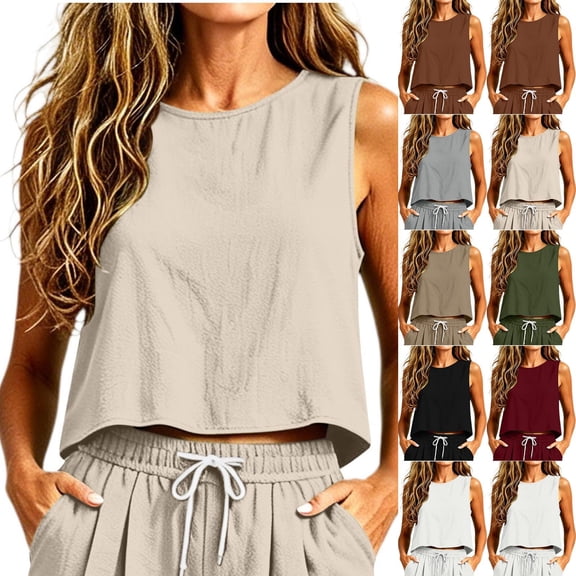 VBVC Women's Cotton Linen Crew Neck Crop Tank Top , Ladies' Loose Fit Sleeveless Lounge Shirt , Summer Breathable Blouser For Women,Beige,S-2XL