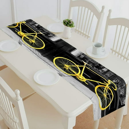 

ABPHQTO Old Yellow Bike Window Coffee Shop Table Runner Placemat Tablecloth For Home Decor 16x72 Inch