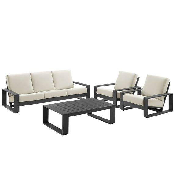 4 pcs Lounge Sectional Sofa Table Set, White, Aluminum, Outdoor Patio Balcony Cafe Bistro Garden Hospitality Restaurant, Modern Contemporary, HB37974