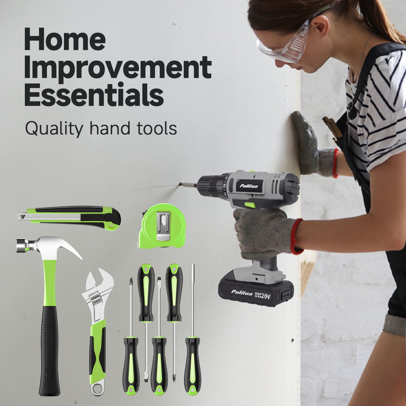 Pulituo 20V Cordless Drill Driver Kit, Home Tool Set with 20V Lithium-Ion Drill, 2pcs Battery, 120PCS All-Purpose Kit, 21+1 Torque, 2-Speed, DIY & Home RepairsGreen