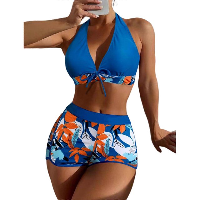 High Waist-Bikini Set Swimming Costume Floral Leaf Print Bathing Suits Hanging-Neck-Bikini 2Pieces Swimwear Beach-Party brown XL