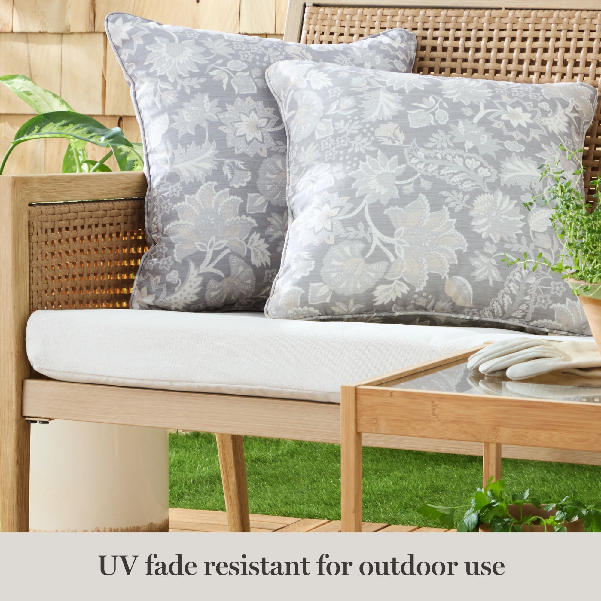 MARTHA STEWART Distressed Jacobean Indoor Outdoor Decorative Pillow 2-Pack Set, UV Fade Resistant, Water Repellent, Printed Floral Design, Grey, 18"x18"