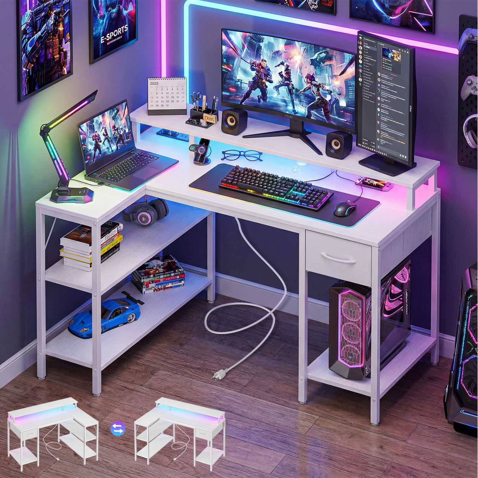 CONCETTA 47 inch L-Shaped Gaming Desk, Reversible Design with LED Lighting, Power Outlets and Double-Tier Storage, White for Home Office