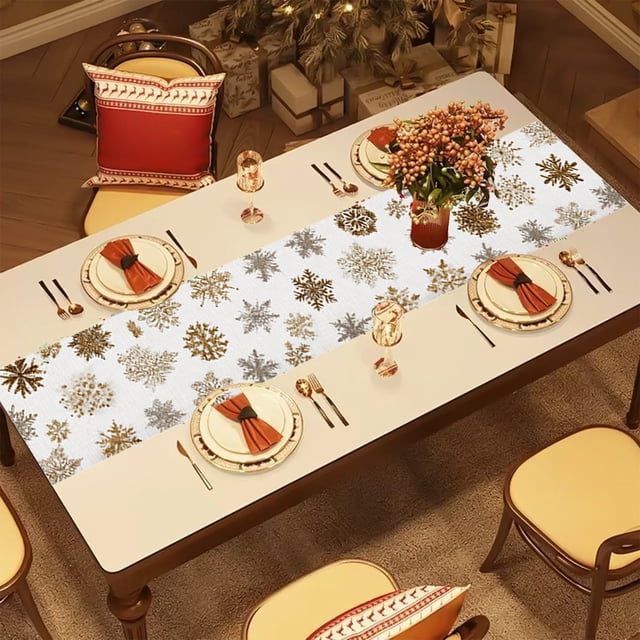 Christmas Tablecloth Waterproof Long Table Flag | Festive Holiday Decoration for Coffee Dining Room Tables | Snowflake Pattern Table Cover for Home Living Room Kitchen