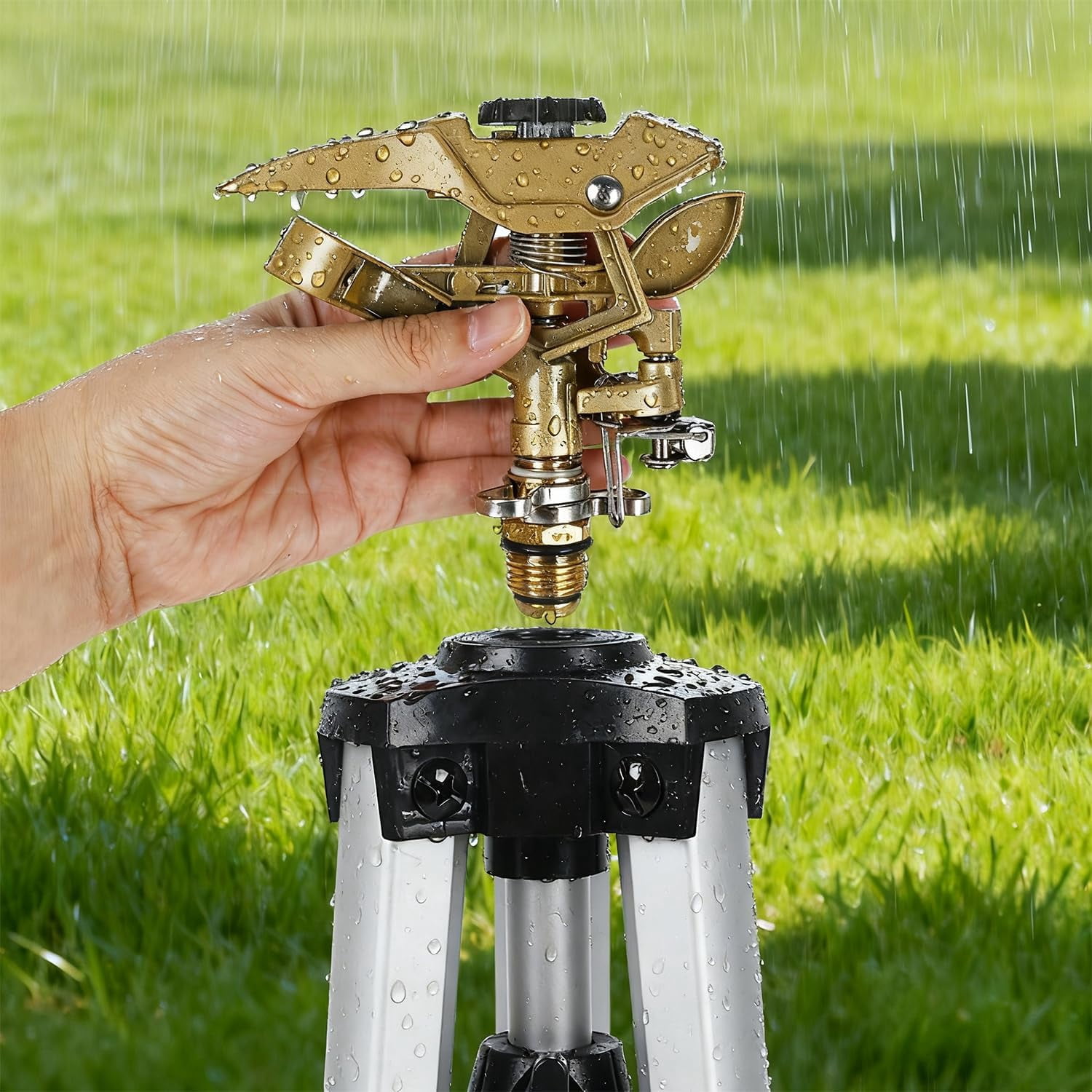 Large Impact Sprinkler Head on Tripod Base, Adjustable Zinc Alloy Lawn Sprinklers for Yard Lawn Garden, 3/4" NH Connector, 360 Degree Large Area Coverage Irrigator with Extension Legs, 1 Pack