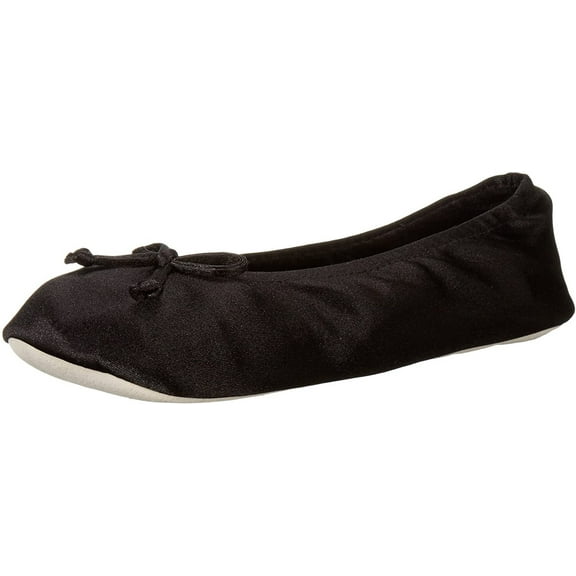 isotoner womens Satin Ballerina With Bow, Suede Sole Slipper, Black Soft Tie Bow, 6.5-7.5 US