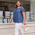 thumbnail image 4 of GRACE & GRANDEUR Women's Plus Size Blouses Toothpick Pleated Texture Ruffle Short SleeveCrew Neck Casual Tops 2X Dark Blue, 4 of 7