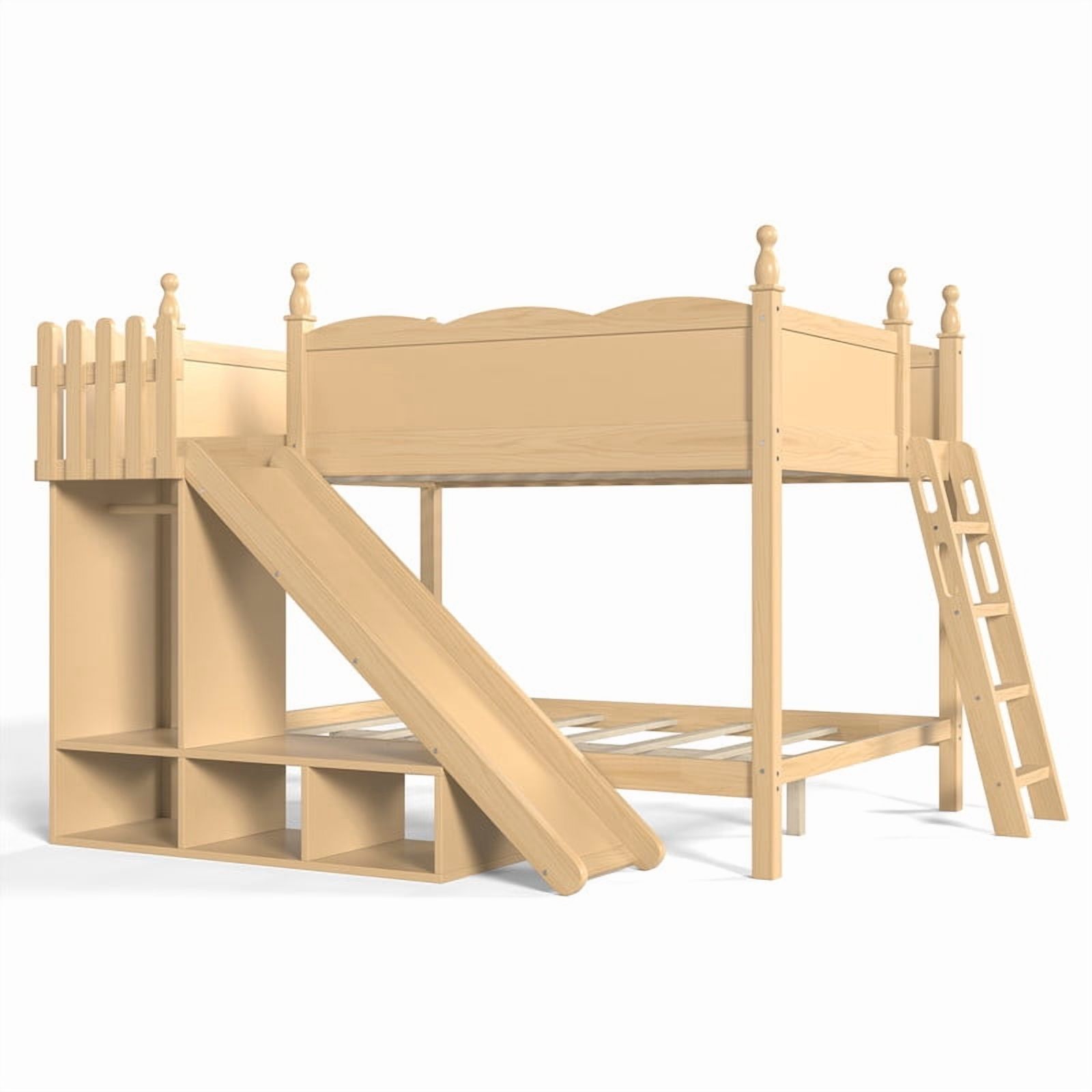 Full Over Full Bunk Bed with Slide and Ladder, Solid Wood Kids Bunk Bed with Storage Shelves and Hanging Rod, Low Profile Design, Full-Length Guardrails