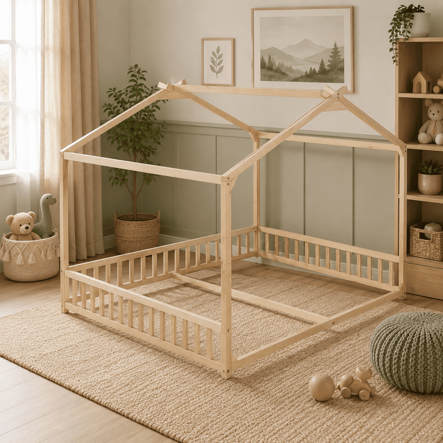 Miniyam Double Twin Floor Bed for Kids, House Bed with Guardrails and Open Entrance, Natural