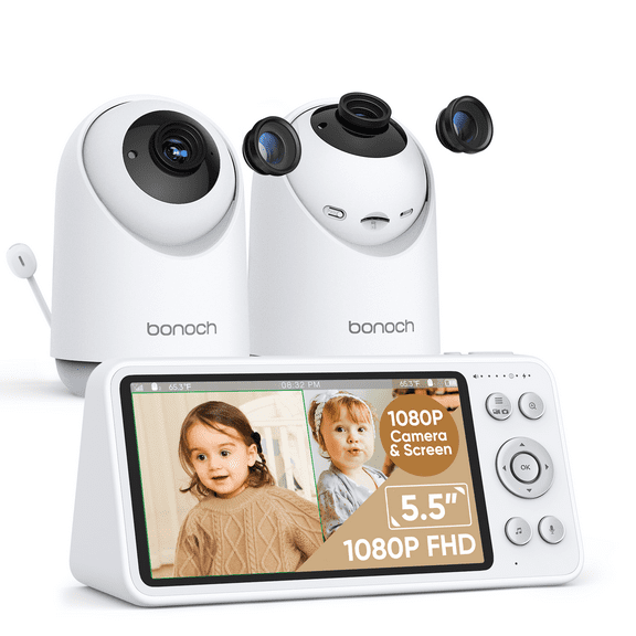 BONOCH 5.5" 1080P Video Baby Monitor with 2 Cameras, Wireless, Motion Sensor, and Local Storage, White
