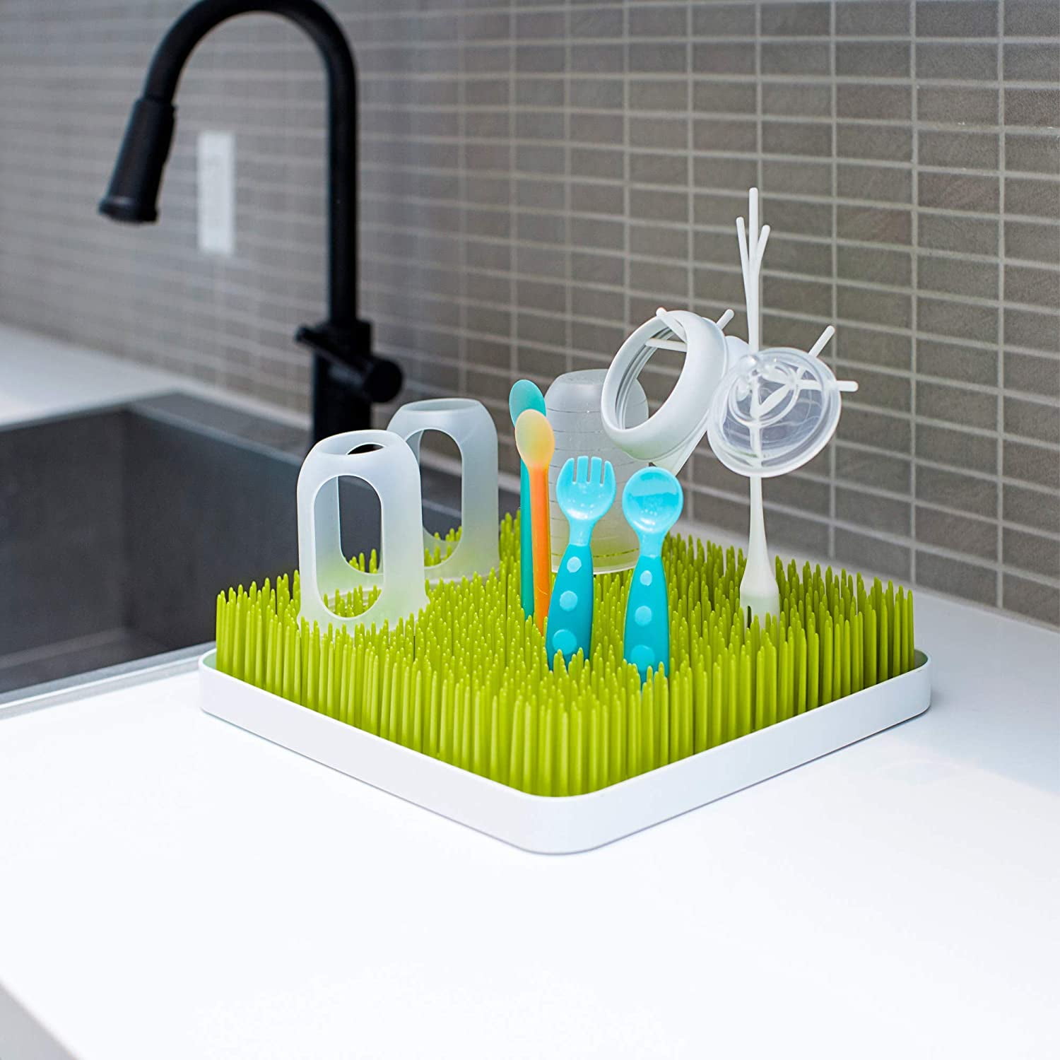 Lawn Countertop Baby Bottle Drying Rack with Antimicrobial Tray - Spring Green - Bottle Rack and Organizer - Baby Feeding Essentials - 13.5 x 11 x 2.5 - 1 Count