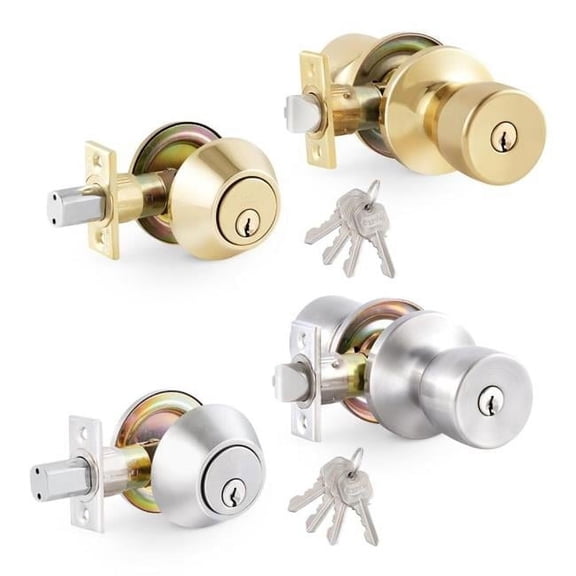 Premier Lock Entry Knob Combo, Tulip, Brass, 6-in-1 Latch, 4 KW1 Keys Mobile Home