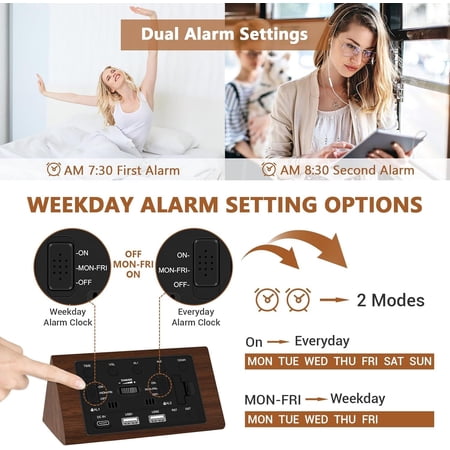 Wooden Digital Alarm Clock, 0-100% Dimmer, 2 Alarm Settings, Weekday/Everyday Mode, 9 Mins Snooze, 12/24H, Temperature and Date Display for Office, Travel, Bedroom Alarm Clock (Brown)