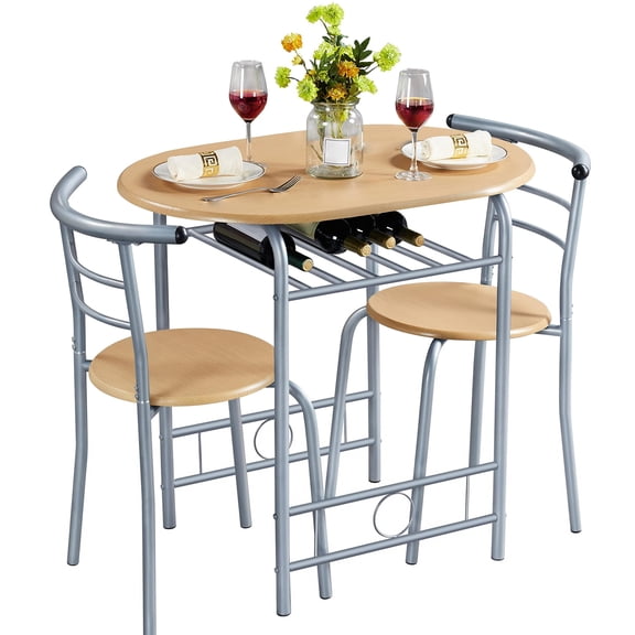 3 Piece Dining Table Set, Kitchen Table & Chair Sets for 2 with Built-in Wine Rack, Compact Bistro Table for Small Space Apartment Breakfast Nook, Brown