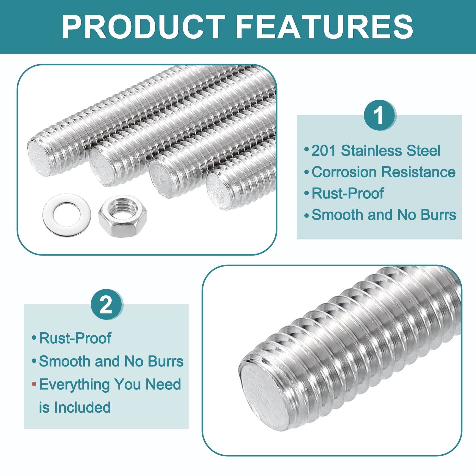 Uxcell 2pcs Fully Threaded Rod, M10 x 400mm 201 Stainless Steel Right Hand Threads Rods with Nuts and Flat Washer Fully Studding Rod Bar for Clamps, Hangers and U-Bolts