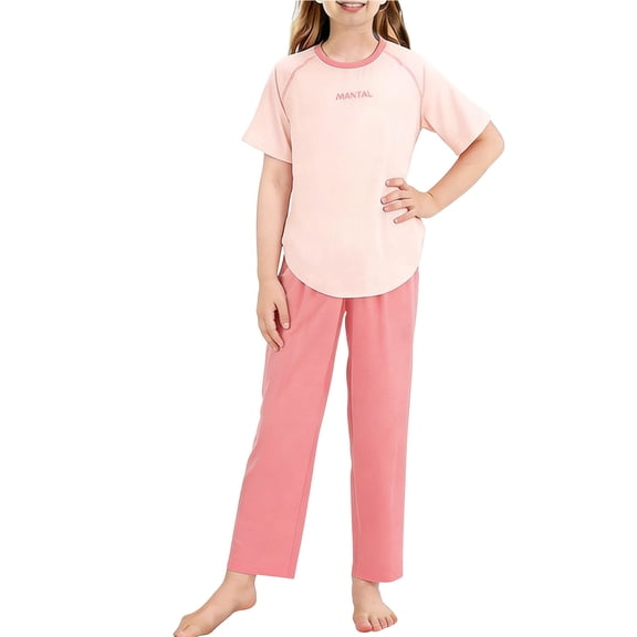 Cethrio Girls' Pajama Sets 2 Piece, Comfy Casual Short Sleeve Kids' Summer Sleepwear Pink Size 7-8