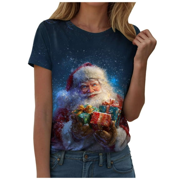 TTUHYWXI Santa Claus 3D Print Graphic T-Shirt for Women Christmas Short Sleeve Clothing (Blue, M)