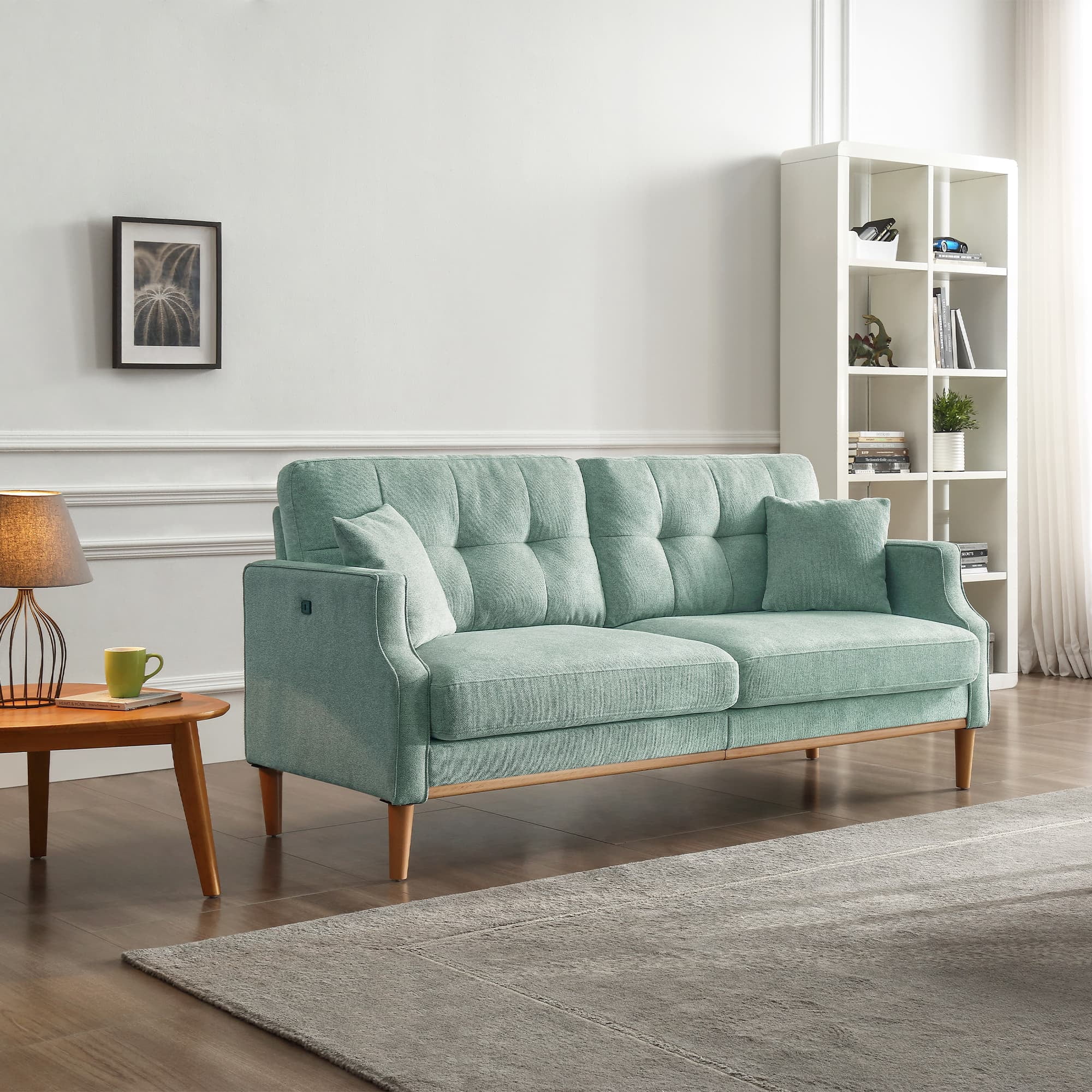 MAYEERTY Stylish 3-Seater Living Space Sofa: Waterproof Fabric, Integrated USB Charging Ports, Baby Blue