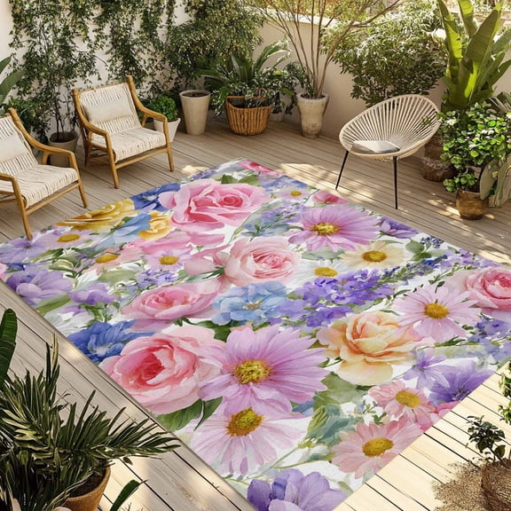 Purple Pink Floral Outdoor Rug for Patio/Deck/Porch, Non-Slip Large Area Rug 6 x 9 Ft, Spring Watercolor Country Flower Indoor Outdoor Rugs Washable Area Rugs, Reversible Camping Rug Carpet Runner