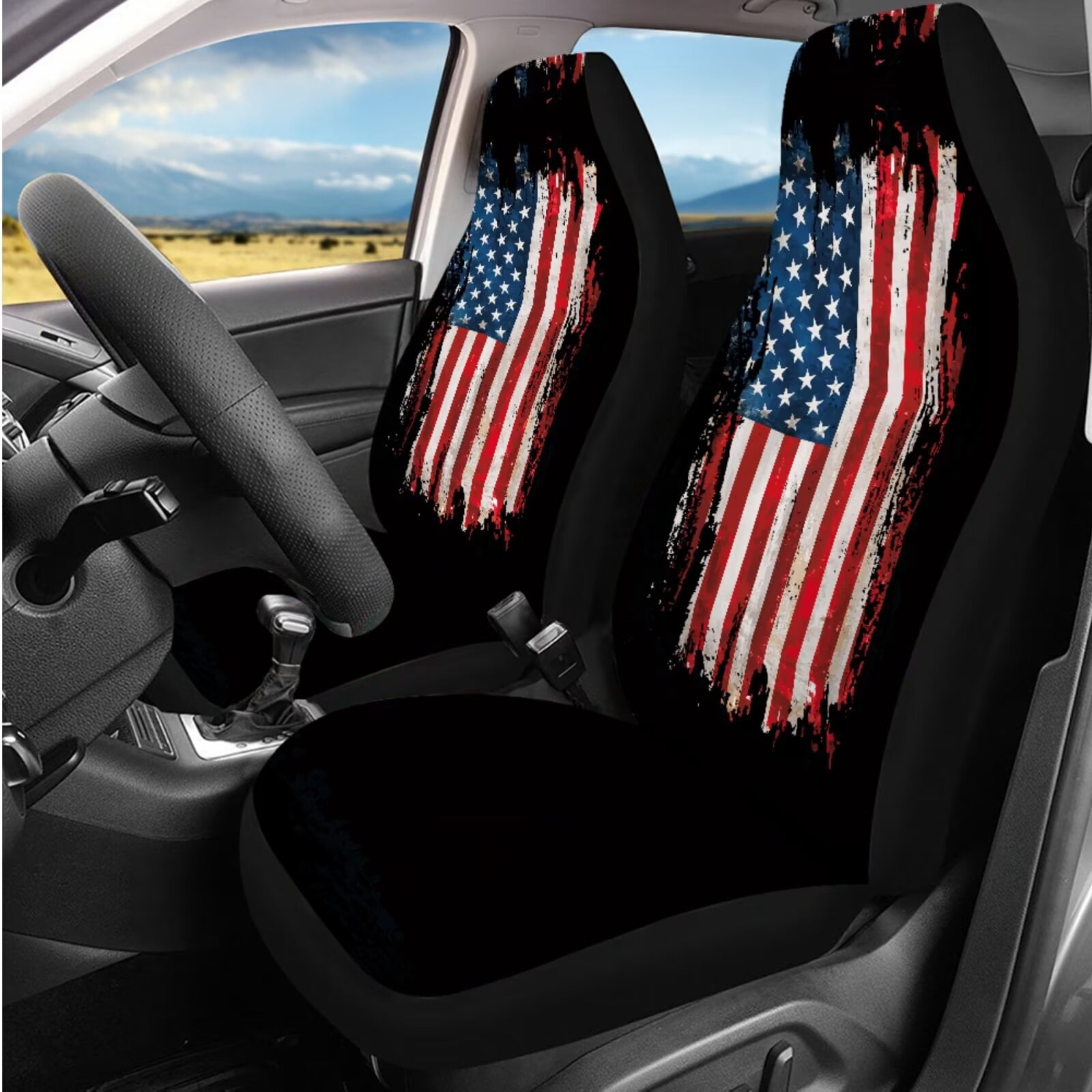 Garronmavis American Flag 14 Pcs Car Accessories Set with Car Headrest Cover Steering Wheel Cover Armrest Cover Seat Belt Pads Key Ring and Cup Coaster Universal Fit Most Cars Women Men