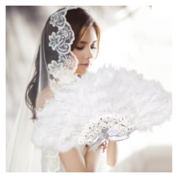Wedding Feather Fan Bride Non-folding Hand-held Fans Dance Party Supplies Photo Shooting Props Rhinestones Rose Flowers Fan
