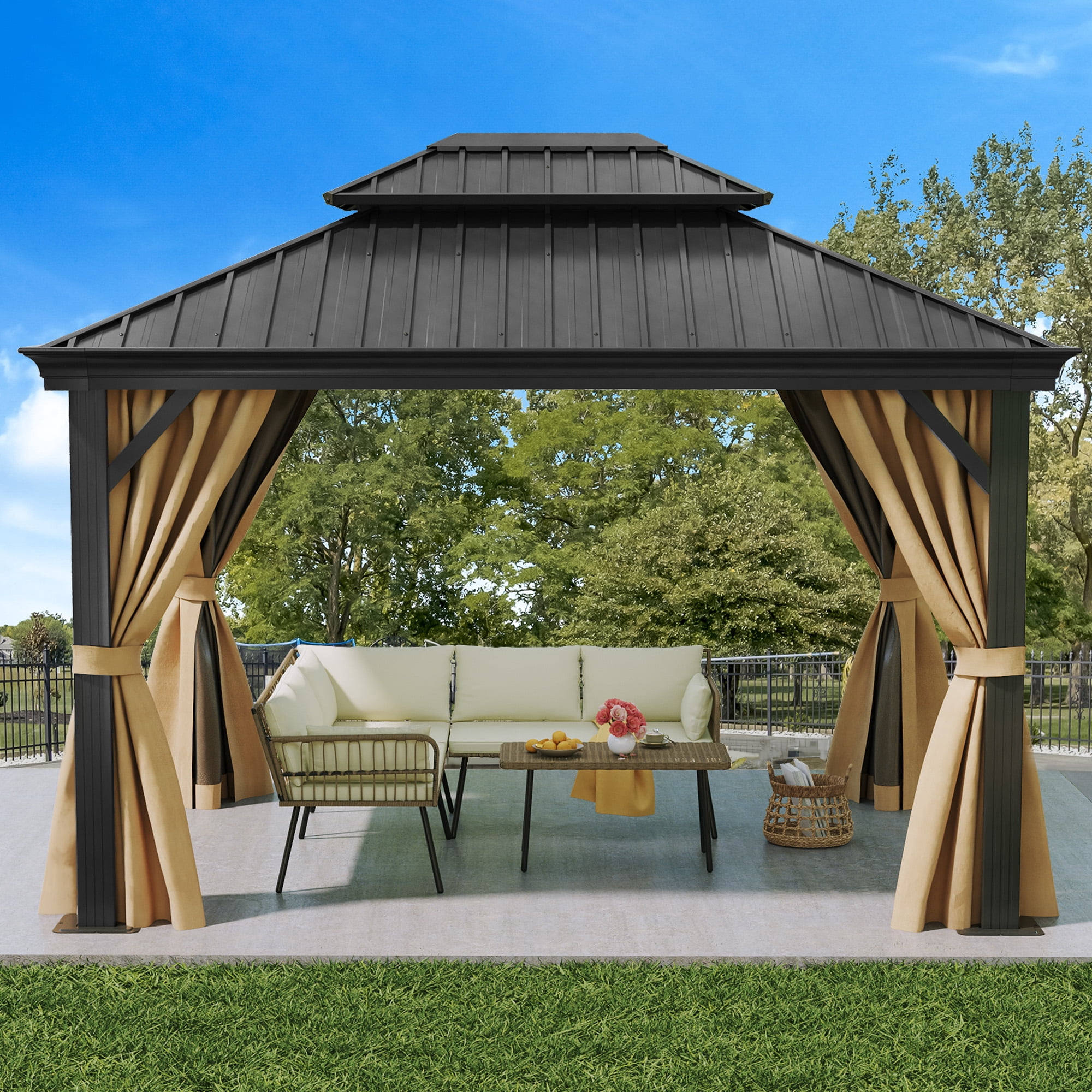 Dextrus 10x12ft Hardtop Gazebo with Nettings and Curtains, Heavy Duty Galvanized Steel Outdoor Vertical Stripes Roof for Patio, Backyard, Deck, Lawns, Brown