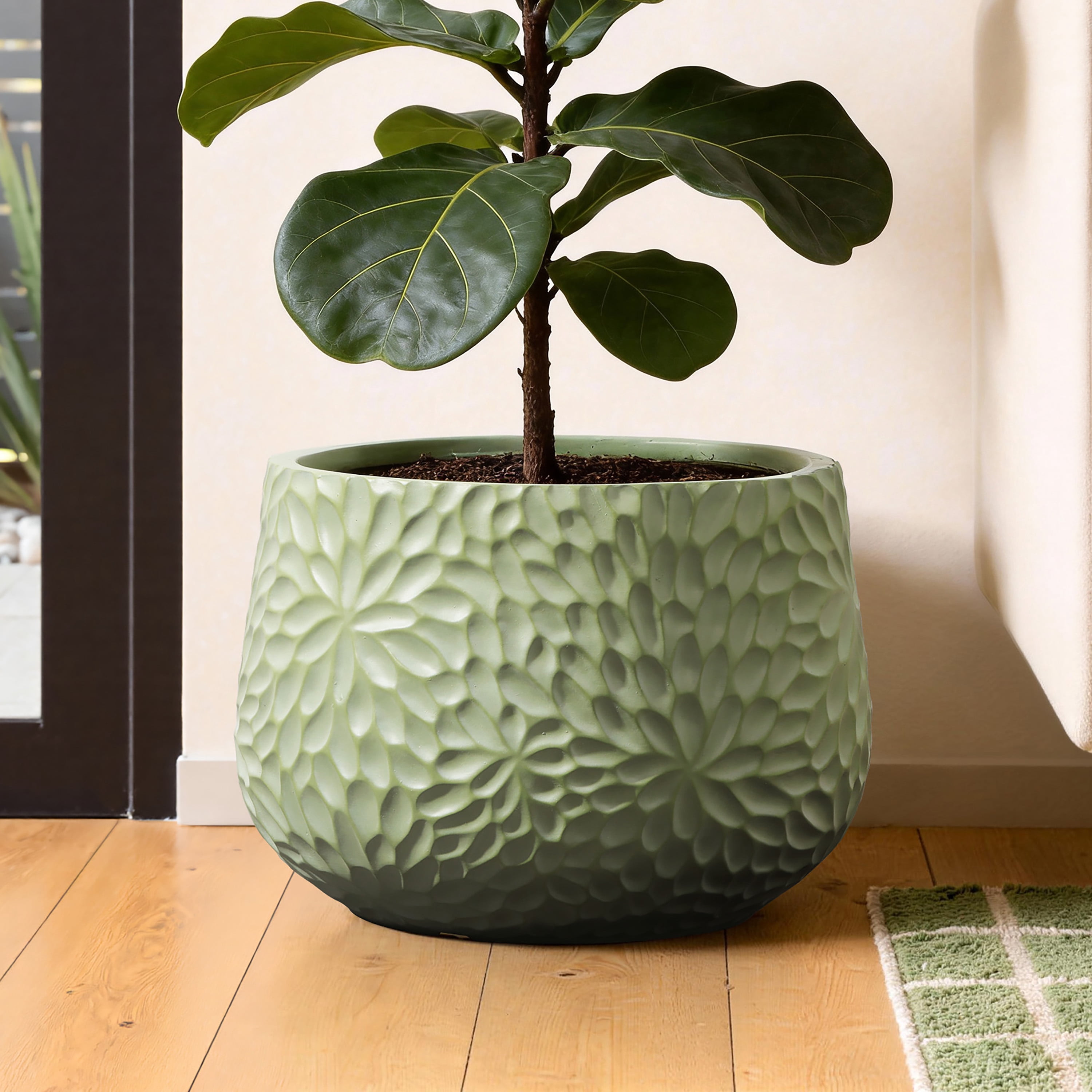 LuxenHome 16" Dia Green Large Round Planter with Floral Texture, Decorative Garden Plant Pot Indoor Outdoor Use