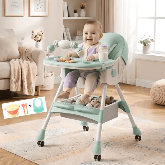DuoBao Portable High Chair, 5 in 1 Foldable High Chairs for Babies and Toddlers,Adjustable Height & Recline Baby High Chair with Lock Wheels, Comfortable Feeding and Place The Toy Storage Basket