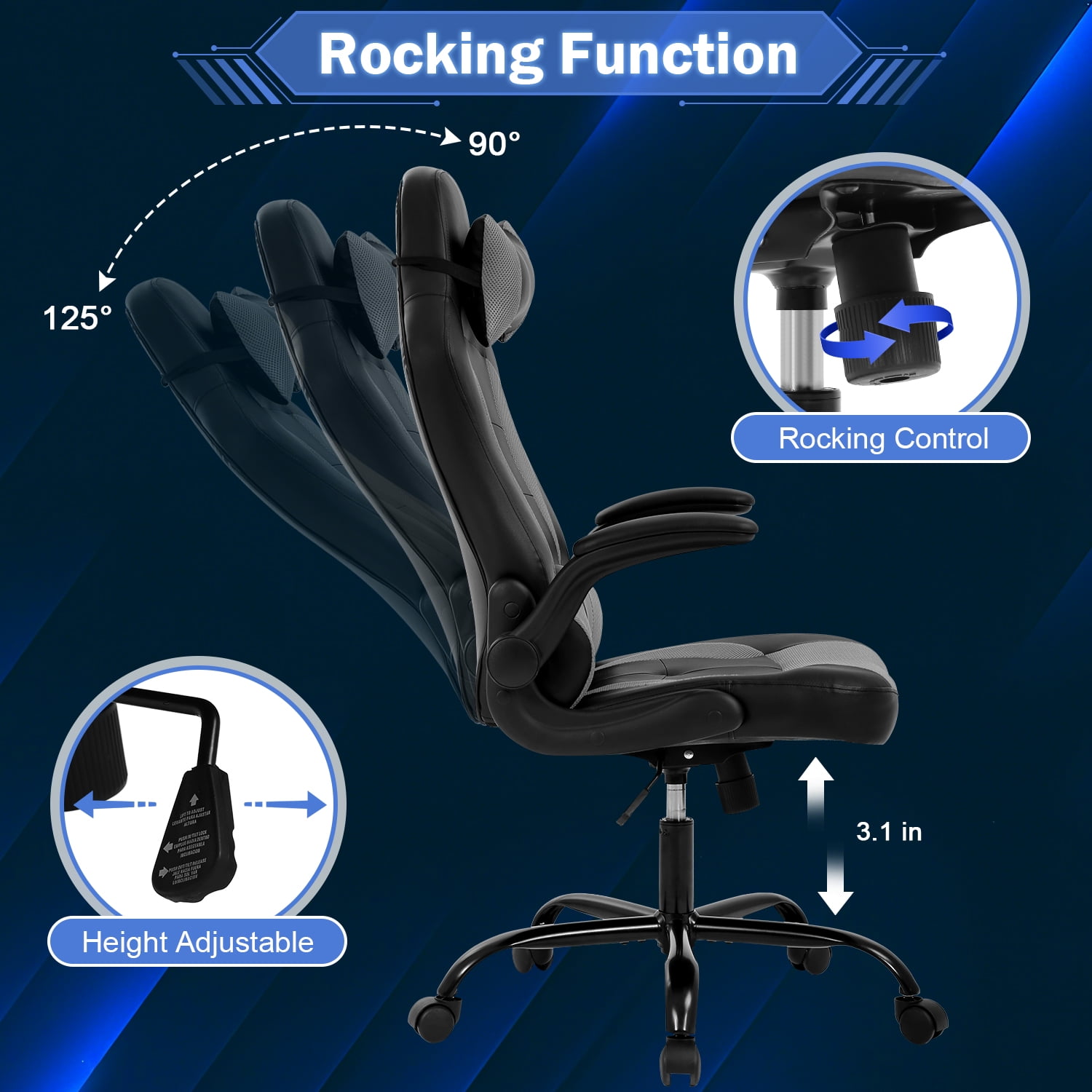 Video Game Chair High Back Gaming Chair PU Leather Racing Chair with Headrest Lumbar Support & Flip-up Arms , Adjustable Gamer Chair for Adults & Kids, Grey