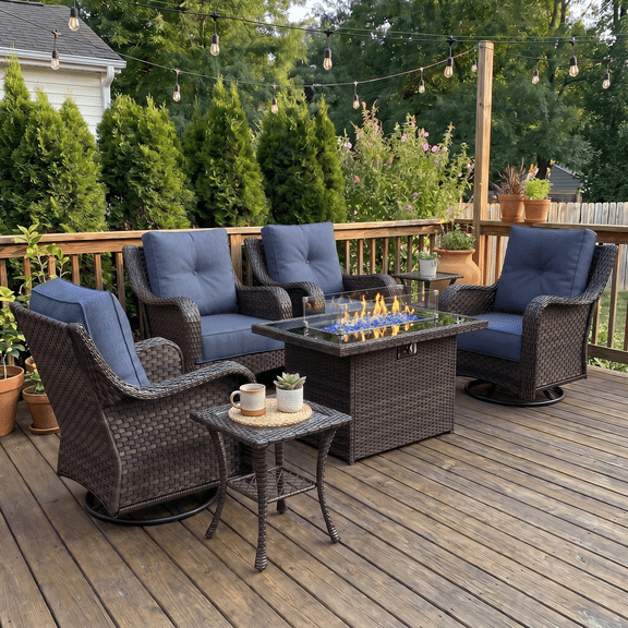 LayinSun 7 Pieces Patio Furniture Sets with Fire Pit Table, Outdoor Wicker Conversation Set with Swivel Chairs and 6" Thick Cushion for Deck Garden Backyard
