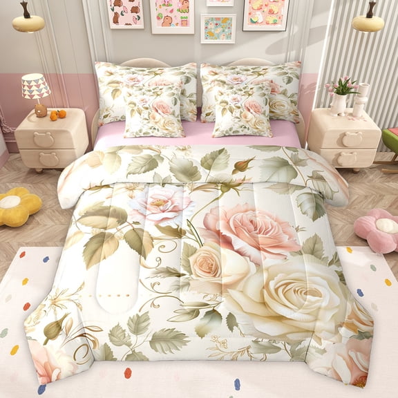 Feelyou Romantic Pink Rose Twin Bedding Sets 7-Piece, Bohemian Flower Floral Bedding Comforter Set, Western Vintage Fashion Reversible Sheet Sets, Luxury Bedroom Decor