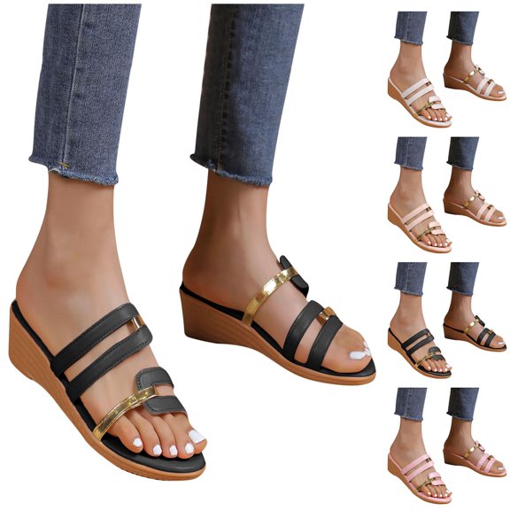 HomeDM Womens Wedge Sandals Summer Slip On Mules Open Toe High Heels Slipper, Black Size 5.5