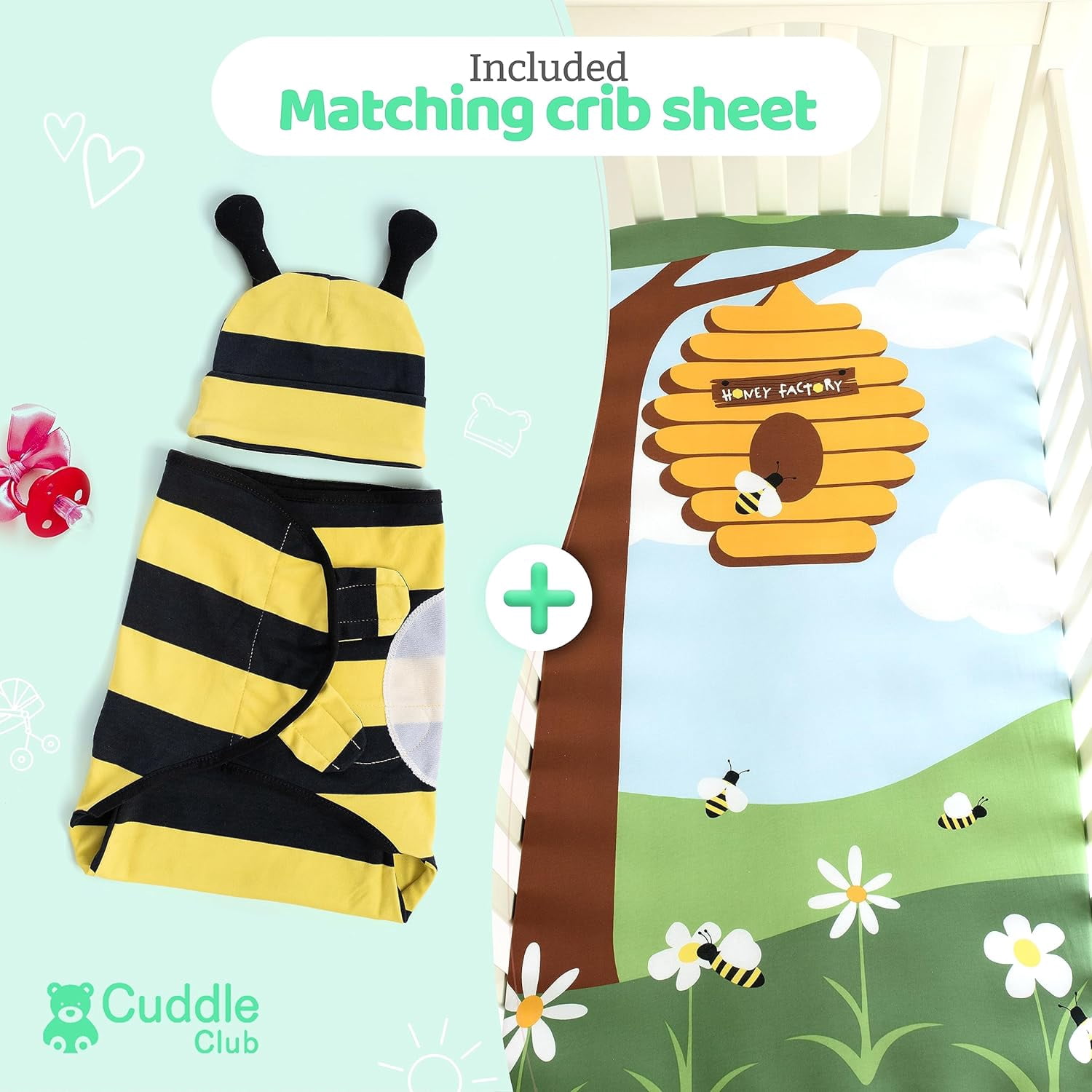 Cuddle Club Baby Wrap Swaddle Blanket Sleep Sack Bundle with Novelty Beanie Hat, Bee Large