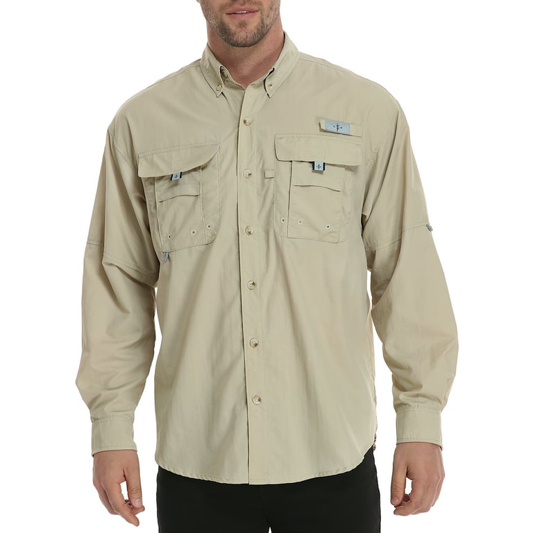 LRD Men's UPF 30 Long Sleeve Button Down Fishing Shirts Tarpon XL, Beige