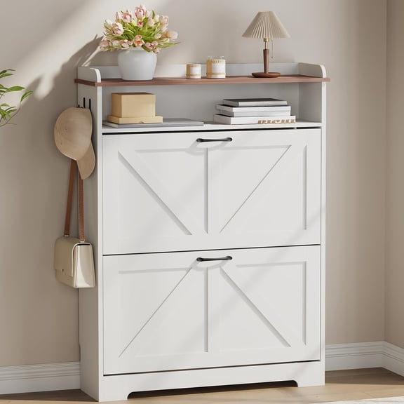 31.5" Modern Farmhouse White Shoe Storage Cabinet with 2 Flip Drawers Entryway Hideaway Organizer