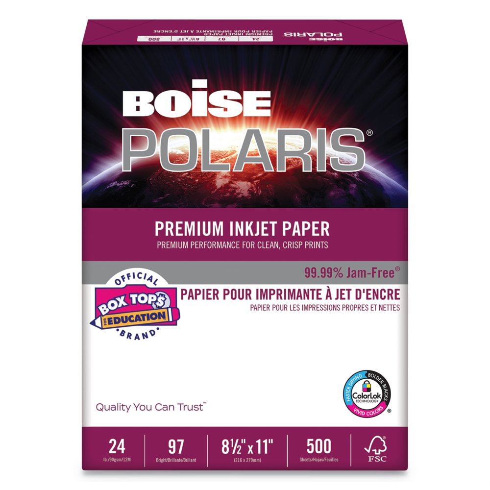 BOISE POLARIS Premium Inkjet Printer Paper, 8.5" x 11" Letter, 97 Bright White, 24 lb., 1 Ream