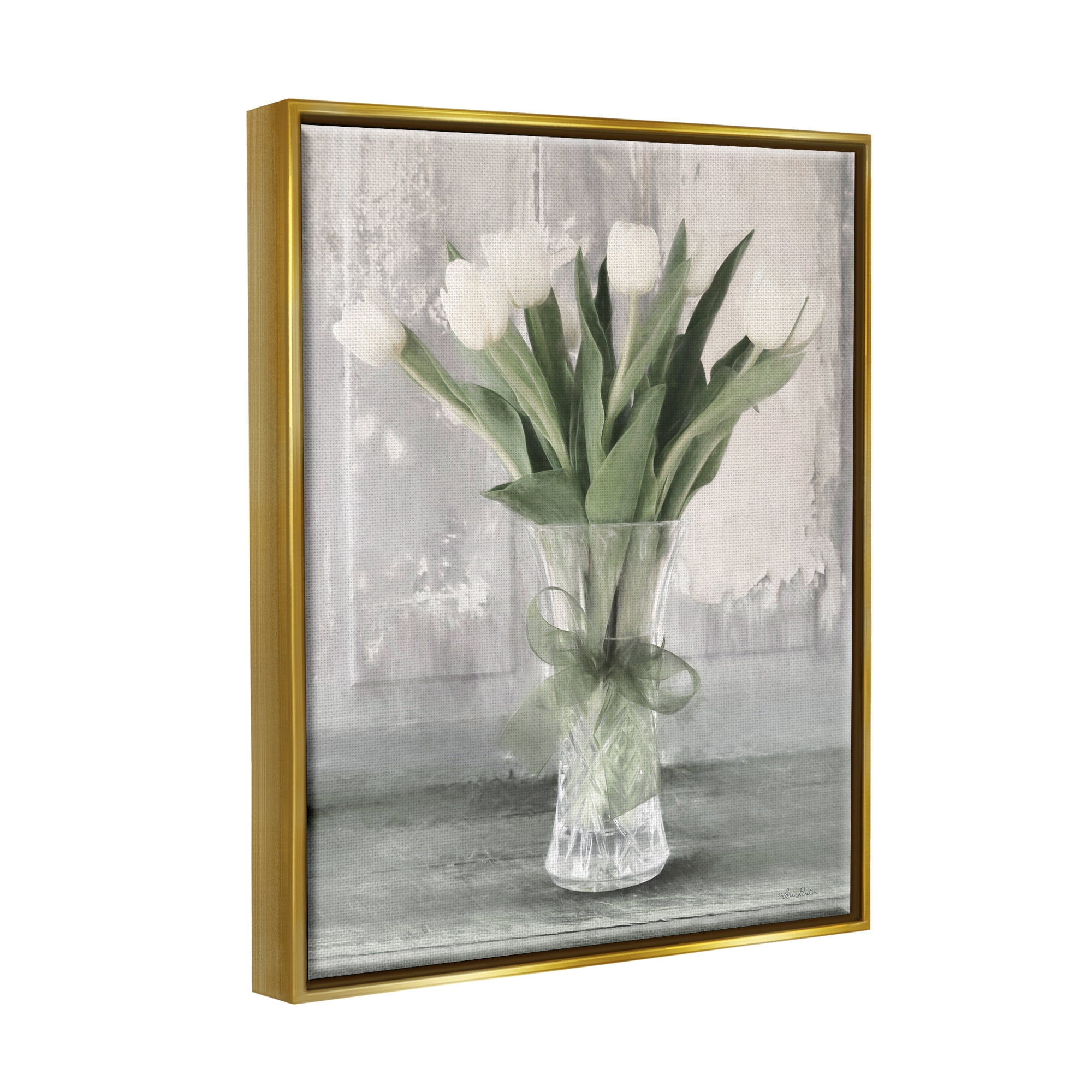 Stupell Farmhouse Distressed White Tulips Botanical & Floral Painting Gold Floater Framed Art Print Wall Art