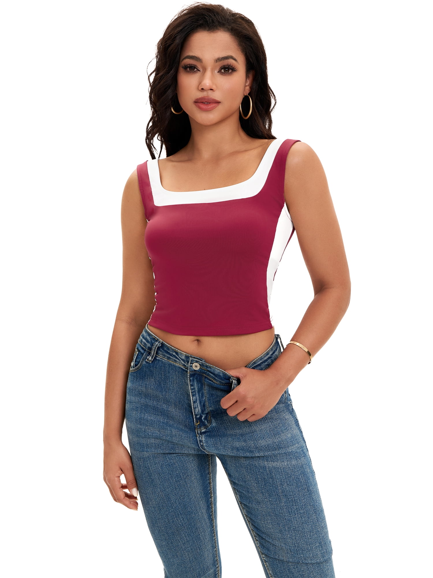 DARING DIVA Women's Square Neck Summer Crop Slim Fit Shirts XS Burgundy