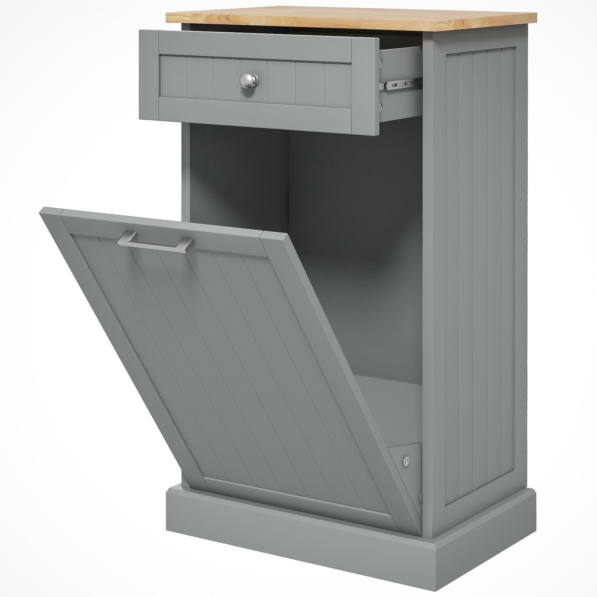Tilt Out Trash Bin Cabinet with Drawer, Freestanding Recycling Can Holder, MDF and Wood, 20 in Wide, 10 Gallon Capacity, for Kitchen or Laundry Room