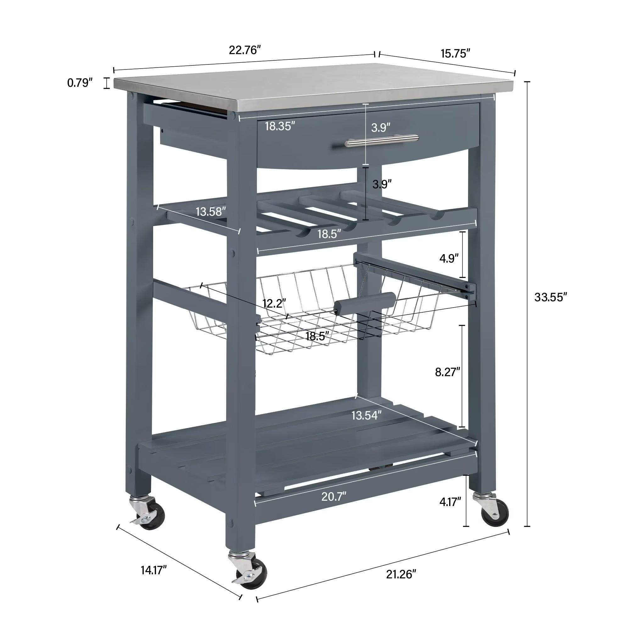 Mobile Rolling Kitchen Island Cart with Stainless Steel Top, Kitchen Trolley with Drawer, Slide-Out Wire Basket, Lockable Wheels, Portable Serving Cart for Kitchen, Dining Room, Grey