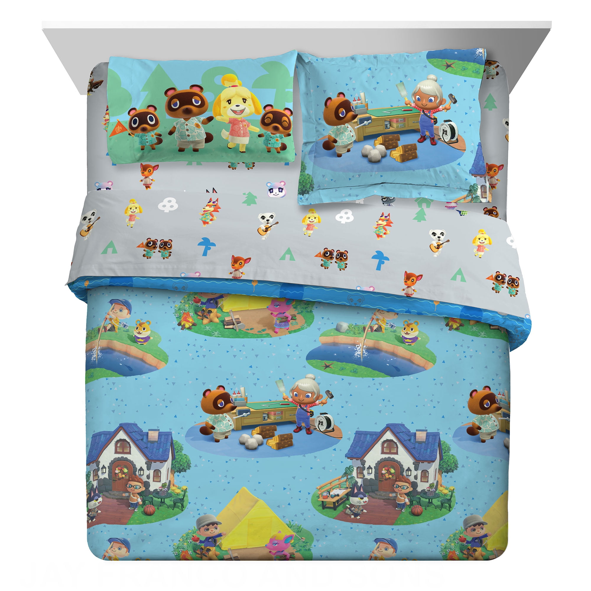 Animal Crossing Kids Full Bed in a Bag, Gaming Bedding, Comforter Sheets and Sham, Blue