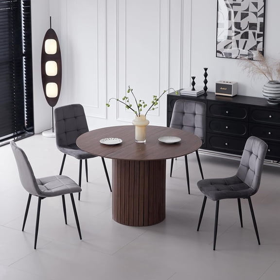 5 Piece Round Dining Table Set - Mid-Century 47 inch Brown Dining Table with 4 Gray Velvet Chairs Set, Dinner Table & Chair with Metal Legs for Kitchen Dining Room, Apartment, Bedroom