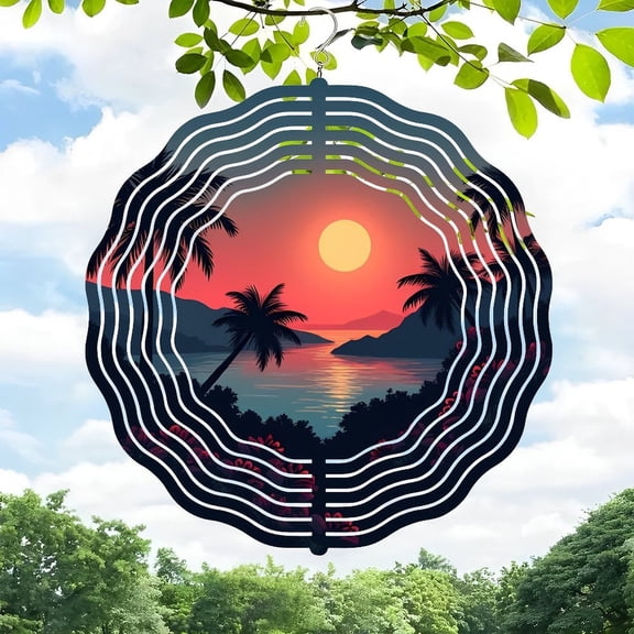 Serene 3D Metal Hanging Wind Spinner with Tropical Sunset Pattern - Beautiful Wind Chimes for Yard & Garden Decor