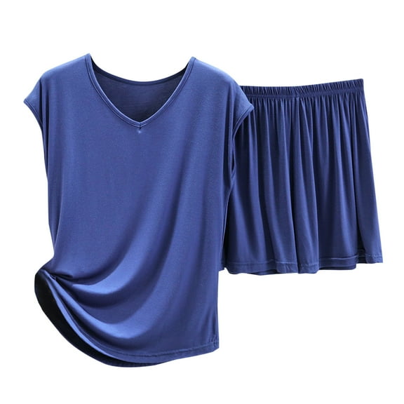 Scyoekwg Two Piece Outfits for Women Trendy Solid Color Loose Short Sleeve Round Neck Tops Shorts Casual Sweatsuits Sets Tracksuit Matching Set Women (Blue,L)